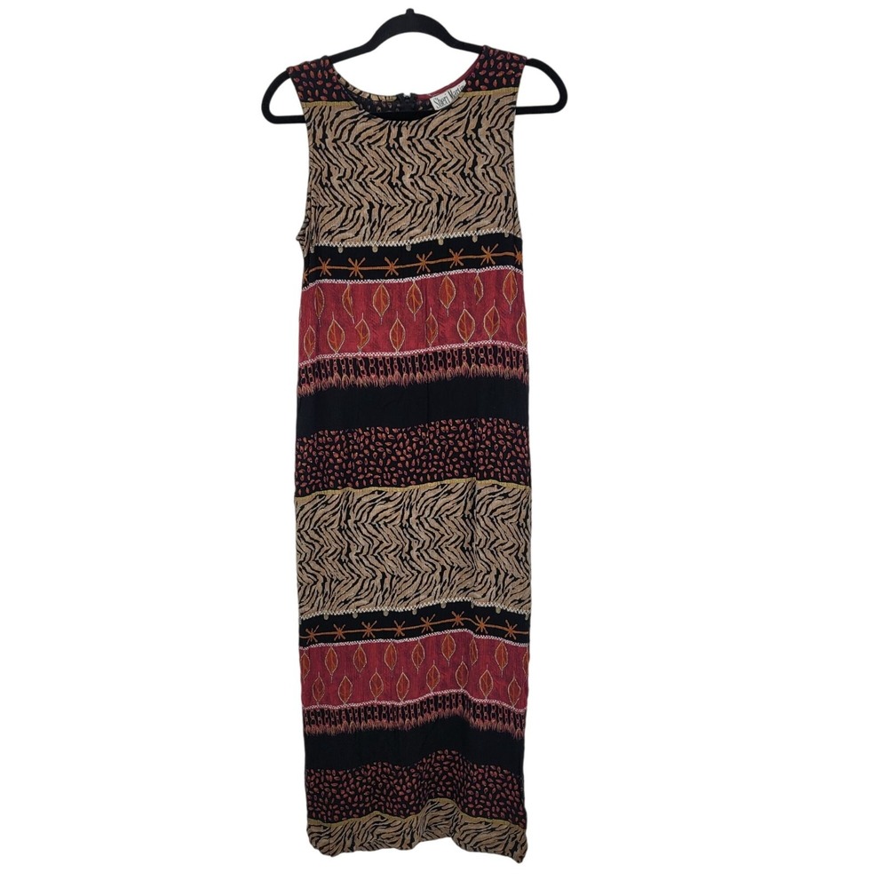 Vtg 80s Tribal Crinkle Rayon Wiggle‎ Pencil Maxi Dress Sz M Brown Animal